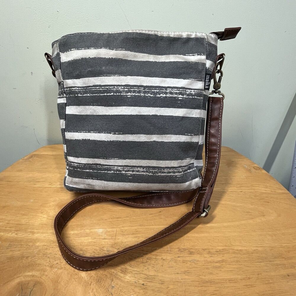 MAIKA Sustainable City Sling Bag Charcoal Striped Crossbody Bag Preppy Boho READ